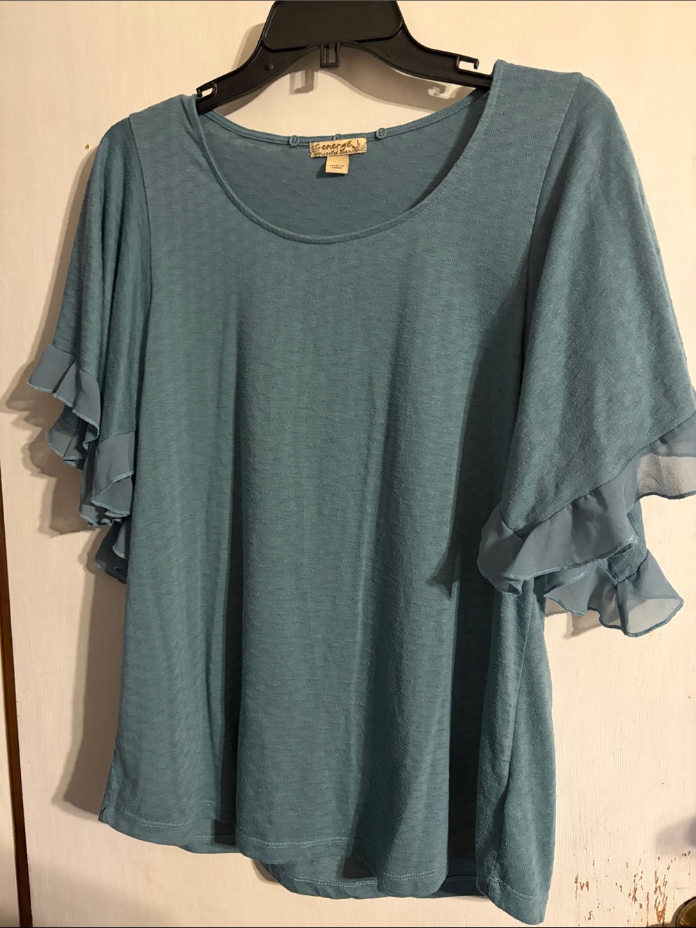 Energē Chiffon Ruffle Sleeve Tee - Patterned Dusty Teal Large